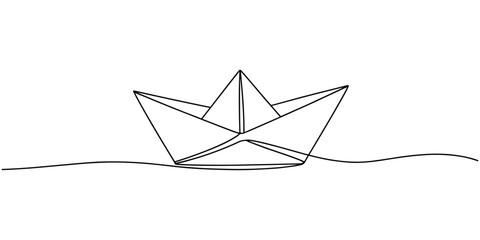 Paper boat in the sea one line art drawing, One continuous line drawing of paper boat. Origami ship concept for success leadership of business in simple linear style. Editable stroke. Doodle Vector © Tania