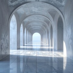 A vast, light-filled corridor constructed with arched doorways that offer a distant, sunny view. The marble floor gleams