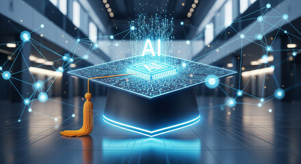 AI Graduation Cap:  A cutting-edge concept visualizing artificial intelligence learning and technological progress, symbolized by an illuminated graduation cap.