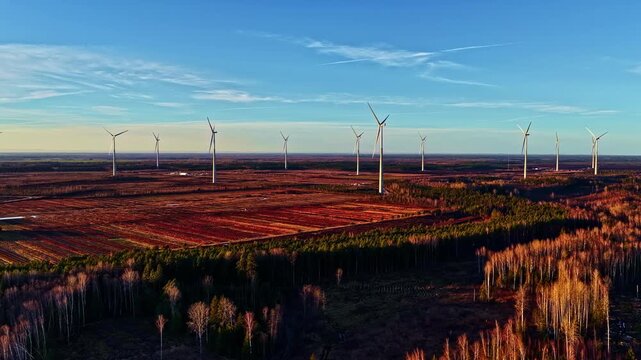 Aerial reveal of silent wind turbine farm standing motionless over colorful Latvian landscape at warm sunrise on perfectly windless day