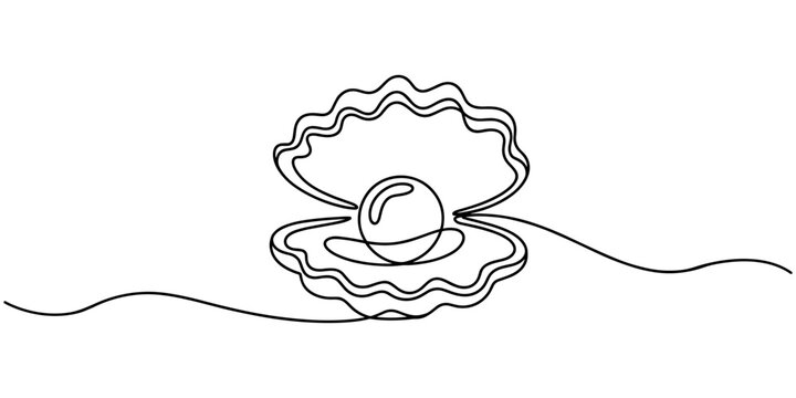 Continuous one line drawing natural open pearl shell close up. Modern minimalist ison or logo in black and white colors. Vector illustration, Continuous one line drawing of open oyster shell seashell