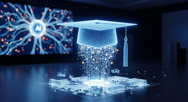 AI Education Concept: A luminous graduation cap emanates from a digital motherboard, with a neural network backdrop, illustrating the convergence of artificial intelligence and education. 