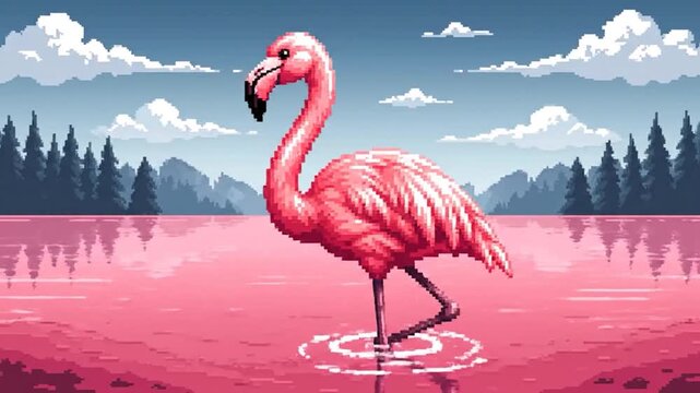 Pixelated artwork of a pink flamingo standing in pink water, with trees and clouds