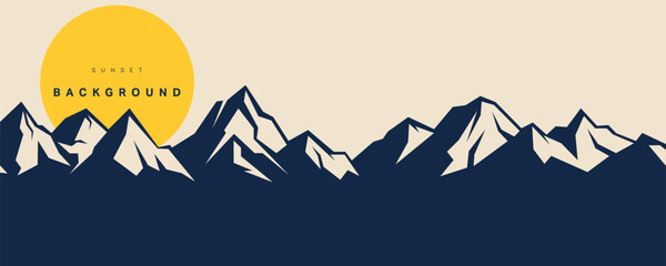 Mountain silhouette landscape vector illustration with navy blue terrain shapes and yellow sun circle, clean nature design for outdoor backgrounds.