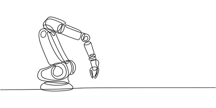 Robotic arms or industry manipulator positioned continuous line drawing element isolated on white background for decorative element. Vector illustration of mechanical robot in trendy outline style.