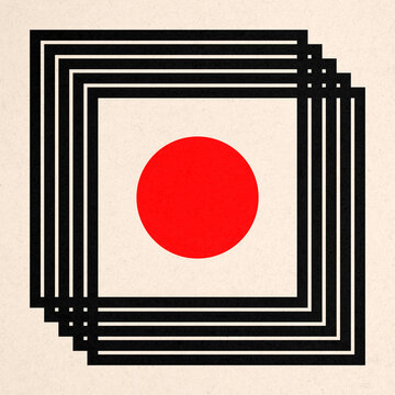 Abstract constructivist illustration with red sphere and black squares