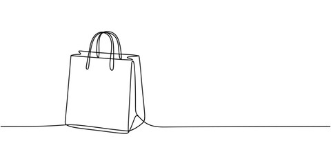 Bag shop line art continuous gift icon illustration vector store outline. Retail bag shop line hand handbag one fashion doodle linear sketch single paper sale present. © Tania
