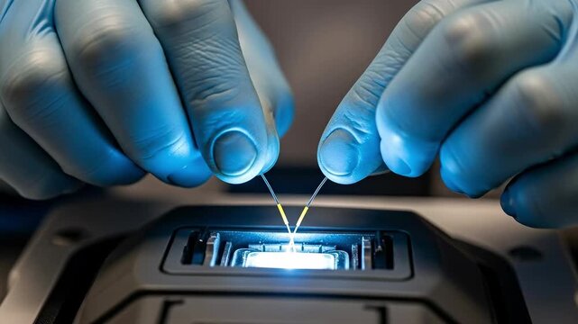 Hands in Blue Gloves Performing Close-Up Laboratory Science Experiment with Light Source and Fine Tools