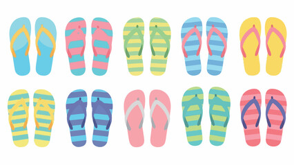 Flat lay of various colorful flip flops arranged in two rows on a white background with a playful and vibrant mood.