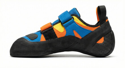 Professional rock climbing shoe with aggressive downturned shape, vibrant synthetic upper, and black rubber sole. Isolated on white background. Sharp focus on rubber texture and straps.