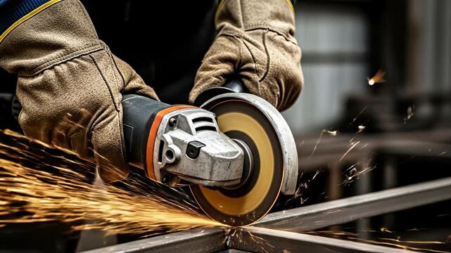 Skilled Worker Using Angle Grinder for Metal Fabrication in Industrial Setting