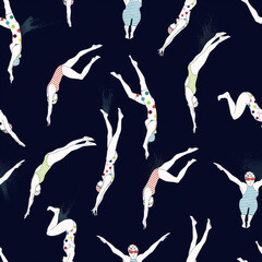 Diving Swimmers Seamless Pattern on Navy Background - Minimal hand-drawn swimmers in retro one-piece swimsuits (stripes and polka dots) repeating in different diving poses on deep navy, perfect for su
