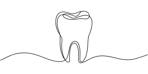Obraz premium Single continuous abstract line drawing of tooth dental clinic and care concept, Continuous one line drawing of tooth simple dental tooth line art vector illustration