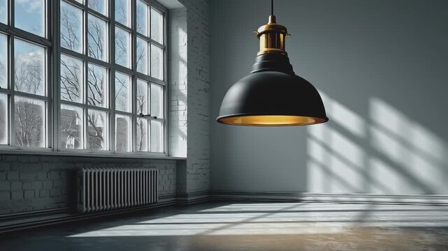 Illuminating Space: A Modern Interior: A stylish industrial-inspired room is bathed in natural light, with a contemporary pendant lamp adding a touch of elegance and warmth to the scene. 