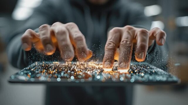 Digital Connection: A person's hands interact with a holographic digital interface, symbolizing technology's future, with light and particles adding to the immersive feeling.