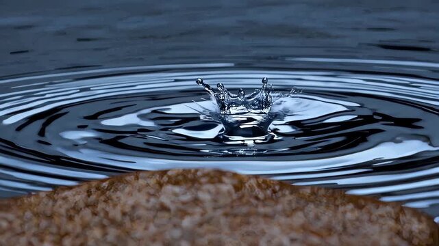 Close-up of water droplet splash creating ripples in a pond