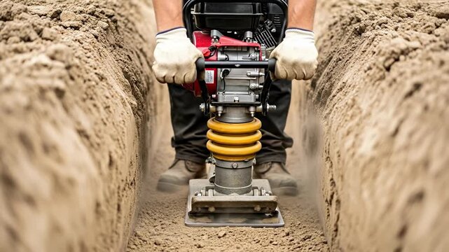 Construction Worker Operating Compactor in Sand Trench for Foundation Preparation