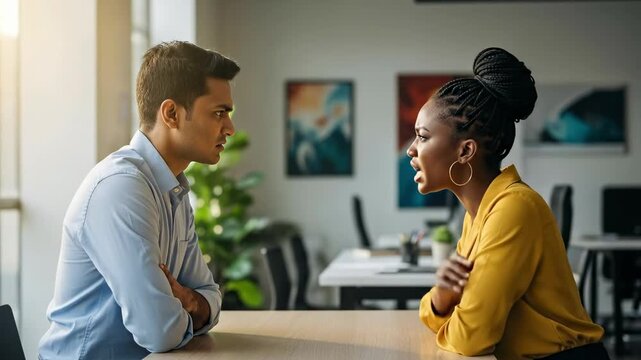 Serious Discussion Between Multicultural Adults in Modern Office Setting