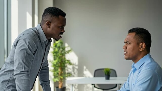 Two Adult Male Professionals Engaged in Serious Conversation in Modern Office Setting