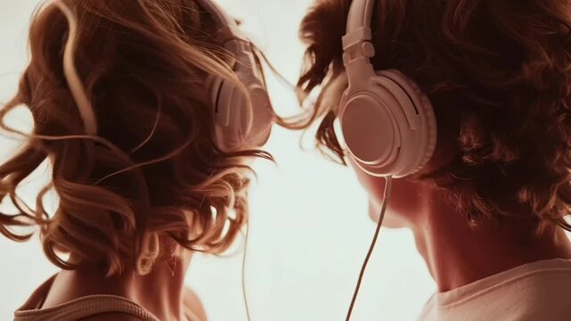 Valentine's Day: A romantic couple wearing headphones and sharing a tender moment in a warm video