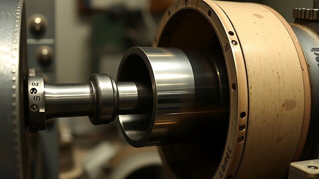 A conical metal lathe mandrel rotating with an unfinished tube sleeve fitted over it.