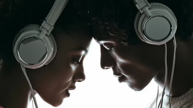 Valentine's Day: A video of two people wearing headphones and facing each other in a bright light