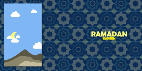 Set of Ramadan Kareem greeting cards in flat geometric style with crescent moon, lantern, mosque arches, ornamental patterns, and SALE text. Eid Mubarak modern banners in vivid blue, teal, gold, white