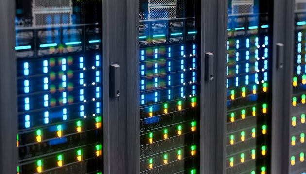 Modern server racks in datacenter interior emphasizing cloud computing