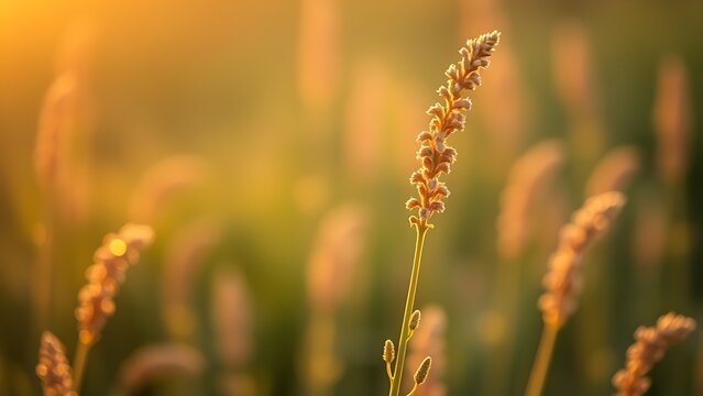 Plantago ovata plant with slender flower spikes swaying in golden hour light.