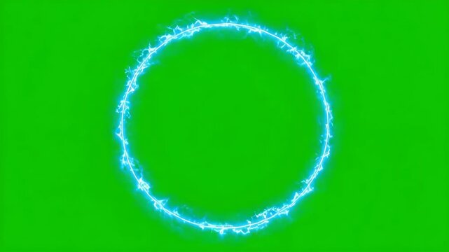 Abstract animation of electric energy circle effect, blue lightning portal on green background for visual effects or logo animation