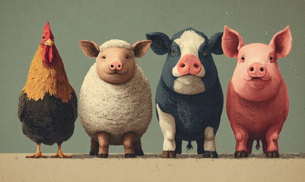 Cute vintage-style illustration of farm animals standing in a row. Chicken, sheep, cow and pig in rustic cartoon style, agriculture and countryside concept.