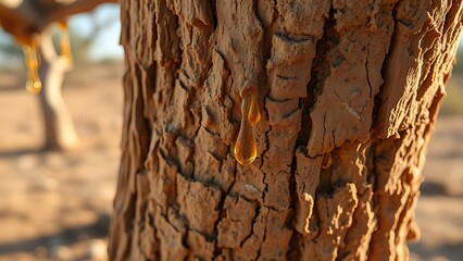 Naklejka premium Textured tree bark with droplets of golden resin in sunlight.