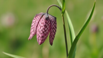 Fritillaria meleagris, common fritillary, snakes head fritillary flower in nature, green background