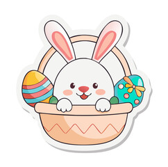 Cute bunny smiling with colorful Easter eggs in a basket, isolated vector image on a transparent background    