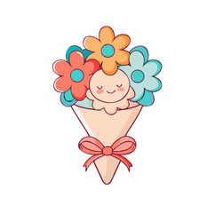 Fototapeta premium Cute character with floral bouquet in cone with colorful flowers, isolated vector image on a transparent background 
