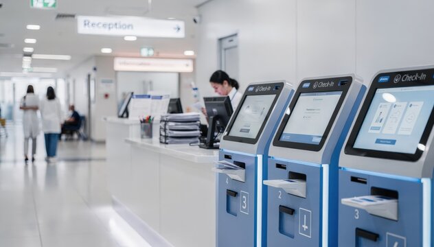 Medium shot of a hospital reception desk with vibrant digital kiosks in the foreground blurred visitors and signage in the soft background highlighting efficient checkin service.