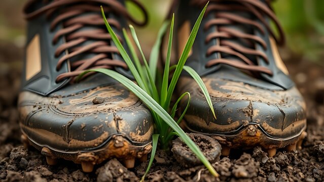 Pair of worn football boots with studs, fresh blades of ryegrass caught in the cleats.