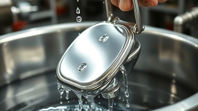A metal component lifted from an electroplating bath, its surface gleaming with fresh chrome.