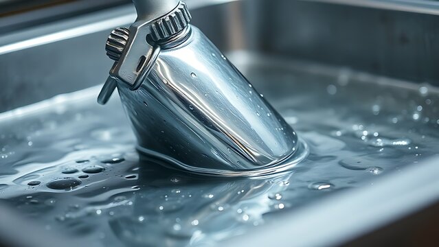 An industrial electroplating bath lifting a metal part with a shiny silver coating.
