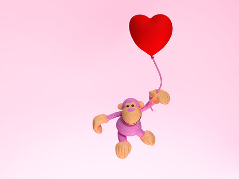 Toy monkey holding heart shaped balloon on pink background 3d render
