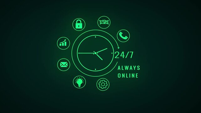 Neon green service form a circle around a clock face indicating 24/7 availability on a dark green gradient background with a subtle digital grid and glowing text Keywords: clock, 24/7, service