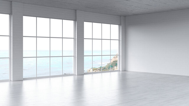 Modern apartment interior with large windows and sea view