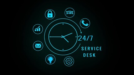 A circular display of cyan service surrounds a clock face showing 24/7 availability on a dark background with a faint digital grid and glowing text Keywords: clock, 24/7, service, technology - Powered by Adobe