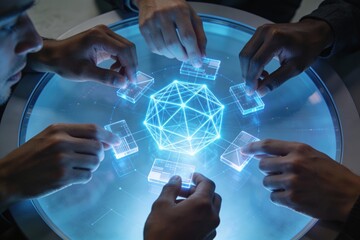 Diverse team hands connecting digital data pieces around a glowing holographic network structure on a futuristic table for technology and blockchain concept.