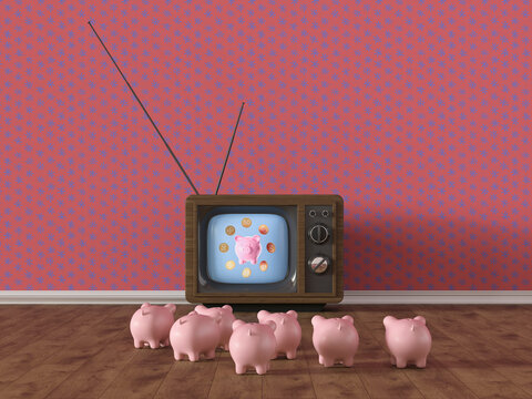 Piggy banks watching finance news on vintage television symbolic scene