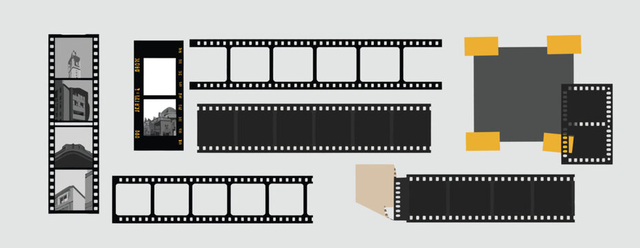 vintage filmstrip collage kit with grunge frames, duct tape elements, photo borders, movie reel details, retro aesthetic, creative design set.