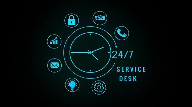 A circular display of cyan service surrounds a clock face showing 24/7 availability on a dark background with a faint digital grid and glowing text Keywords: clock, 24/7, service, technology
