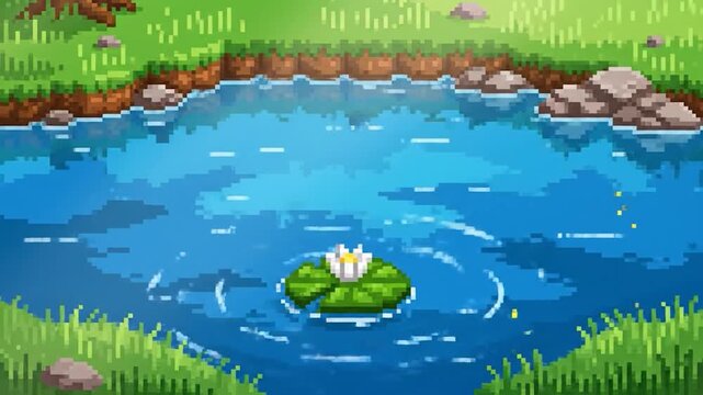 Pixelated artwork depicts a serene pond scene with a water lily and surrounding grassy banks