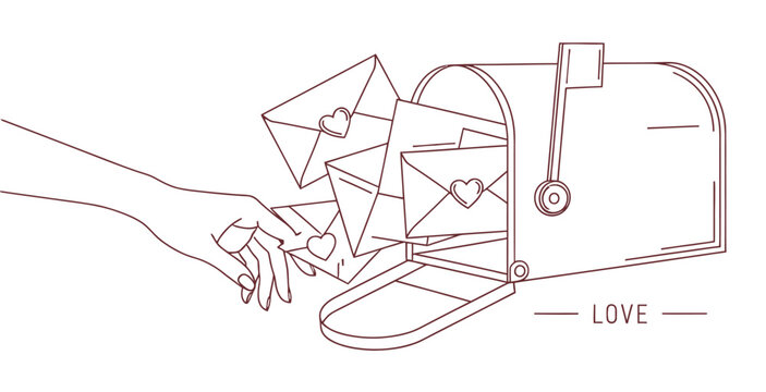 Line art of a hand reaching for love letter envelopes in an open mailbox
