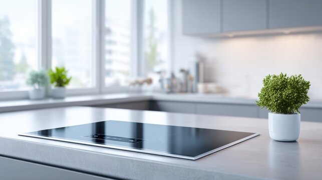 Modern kitchen interior featuring a sleek black induction cooktop on a gray countertop with a small potted plant and large windows allowing natural light